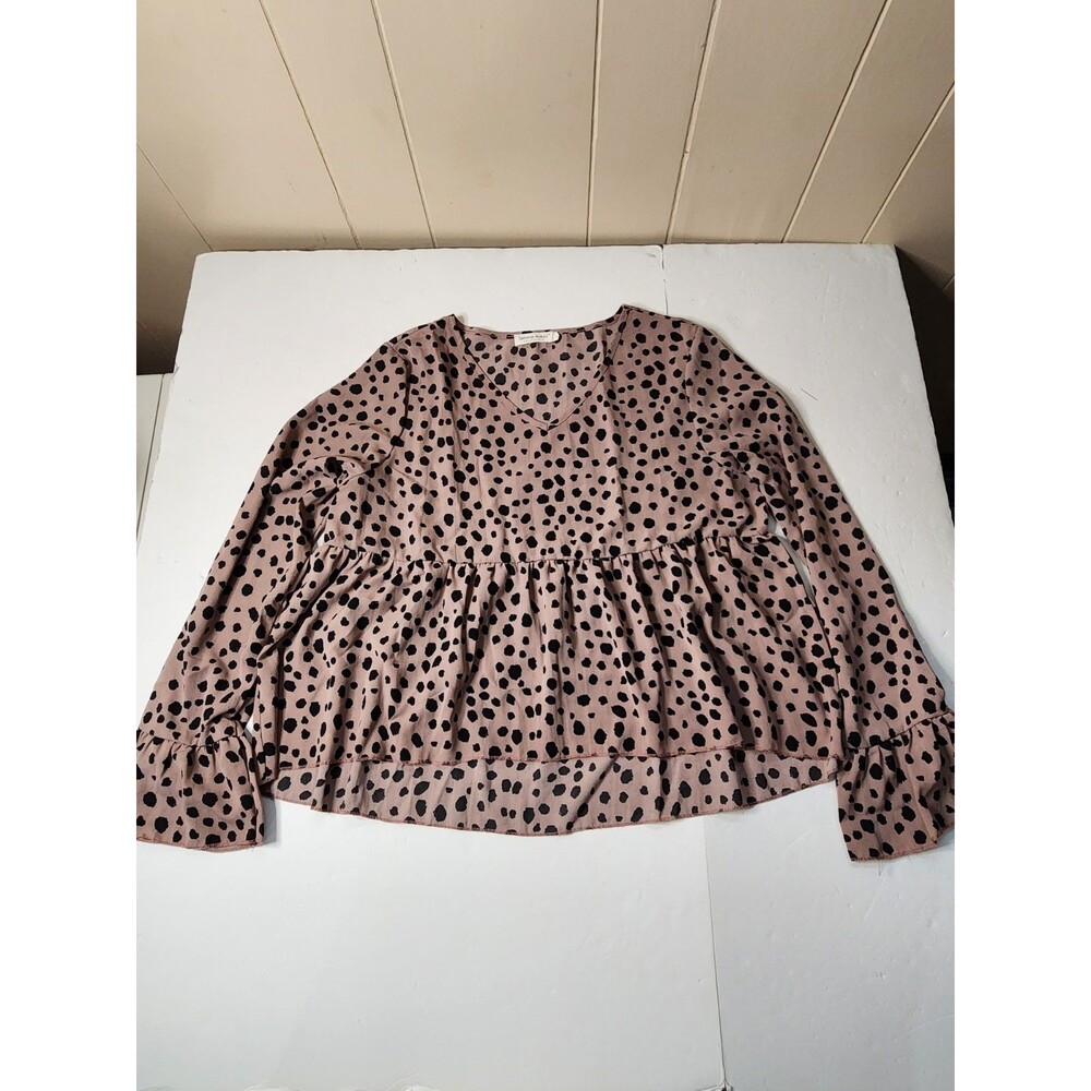 Anna-Kaci Peplum Blouse Womens Large Tan Black Polka Dot Bell Sleeve
